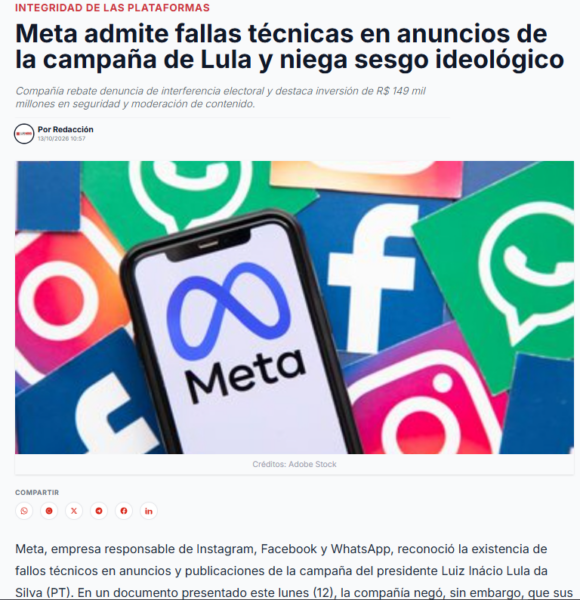 Facebook cerró la cuenta de Lula y el PT acusa a las tecnológicas de interferir en las elecciones