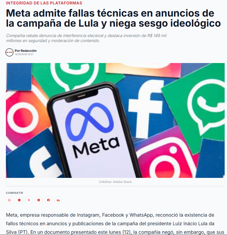 Facebook cerró la cuenta de Lula y el PT acusa a las tecnológicas de interferir en las elecciones